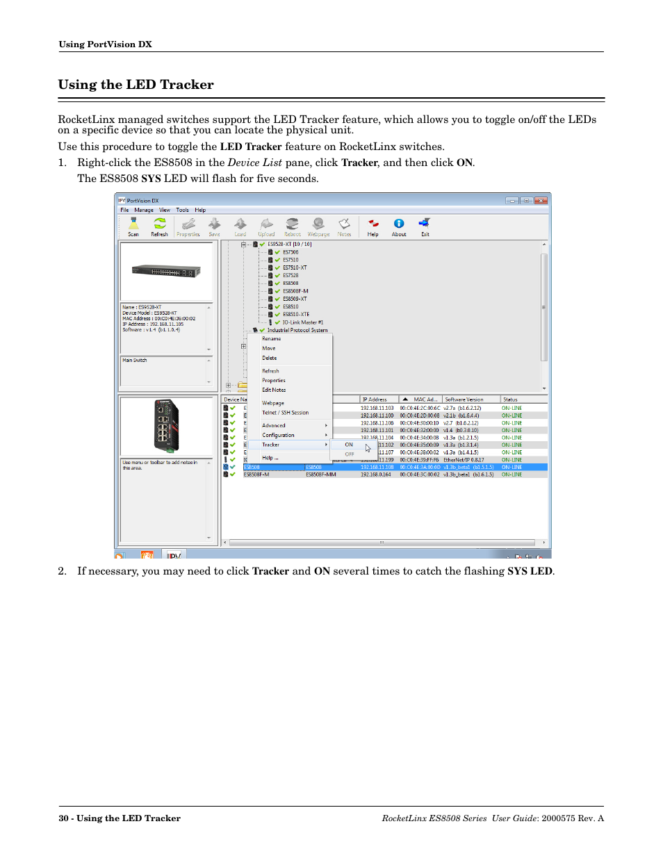Using the led tracker | Comtrol ES8508 Series User Guide User Manual | Page 30 / 212