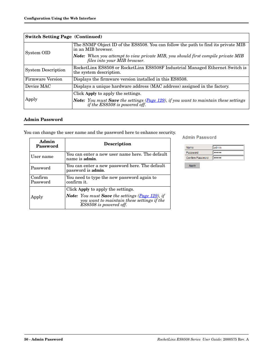 Admin password | Comtrol ES8508 Series User Guide User Manual | Page 50 / 212