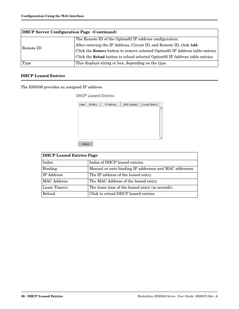 Dhcp leased entries | Comtrol ES8508 Series User Guide User Manual | Page 58 / 212