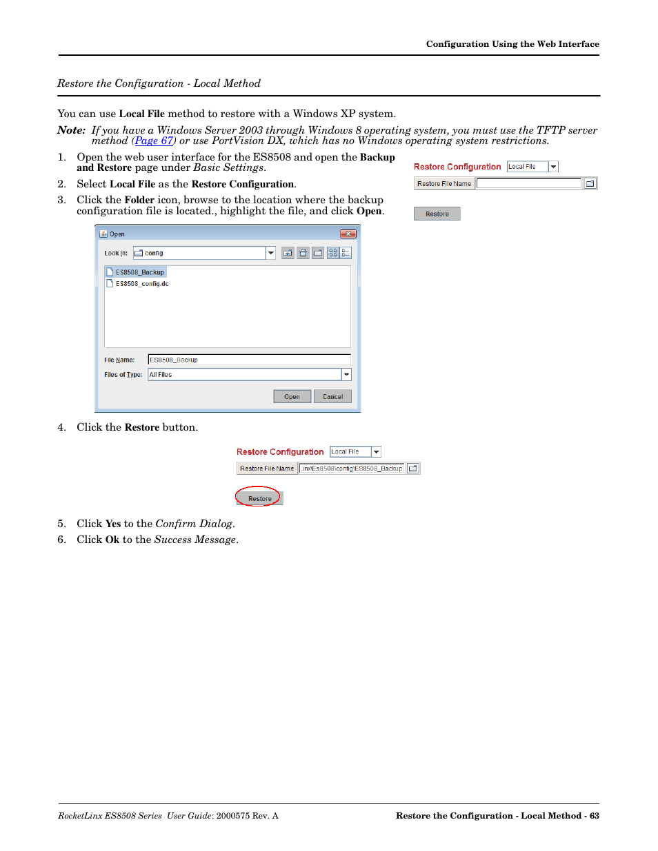 Restore the configuration - local method, Restore the, Configuration - local method | Comtrol ES8508 Series User Guide User Manual | Page 63 / 212