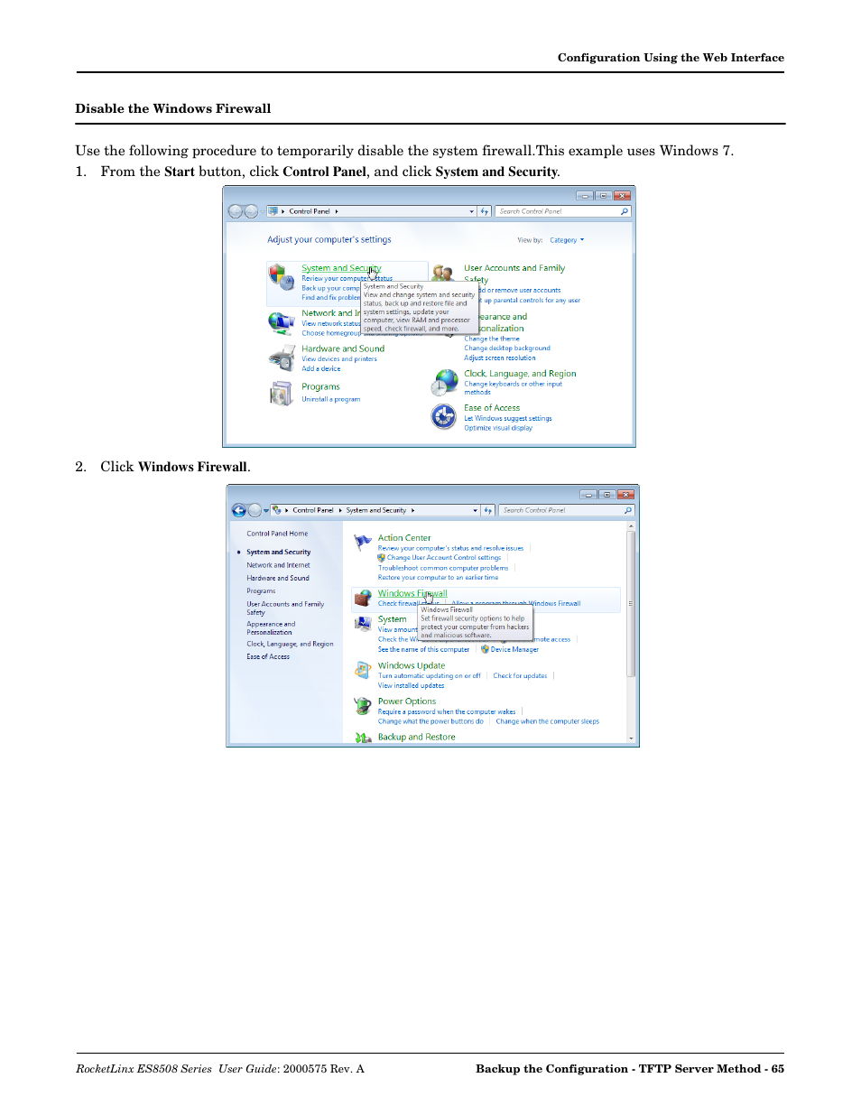 Disable the windows firewall, Disable the windows, Firewall | Comtrol ES8508 Series User Guide User Manual | Page 65 / 212