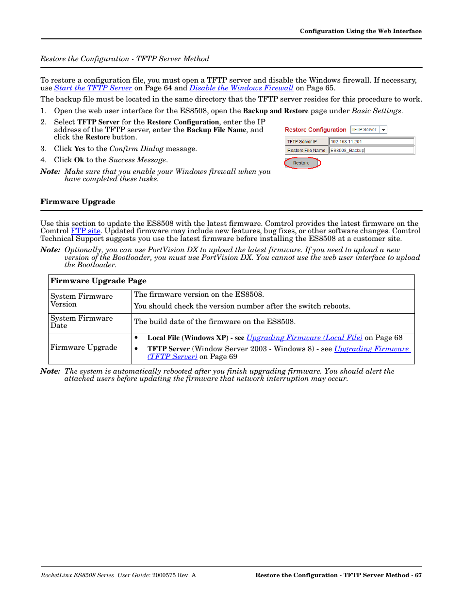 Restore the configuration - tftp server method, Firmware upgrade, Restore the configuration - tftp server | Method | Comtrol ES8508 Series User Guide User Manual | Page 67 / 212