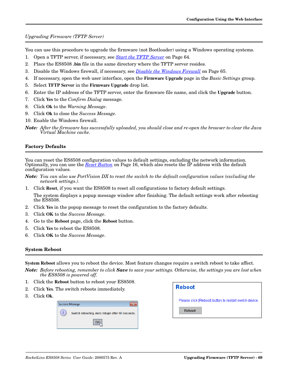 Upgrading firmware (tftp server), Factory defaults, System reboot | Factory defaults system reboot, Or the, Upgrading firmware, Tftp server) | Comtrol ES8508 Series User Guide User Manual | Page 69 / 212