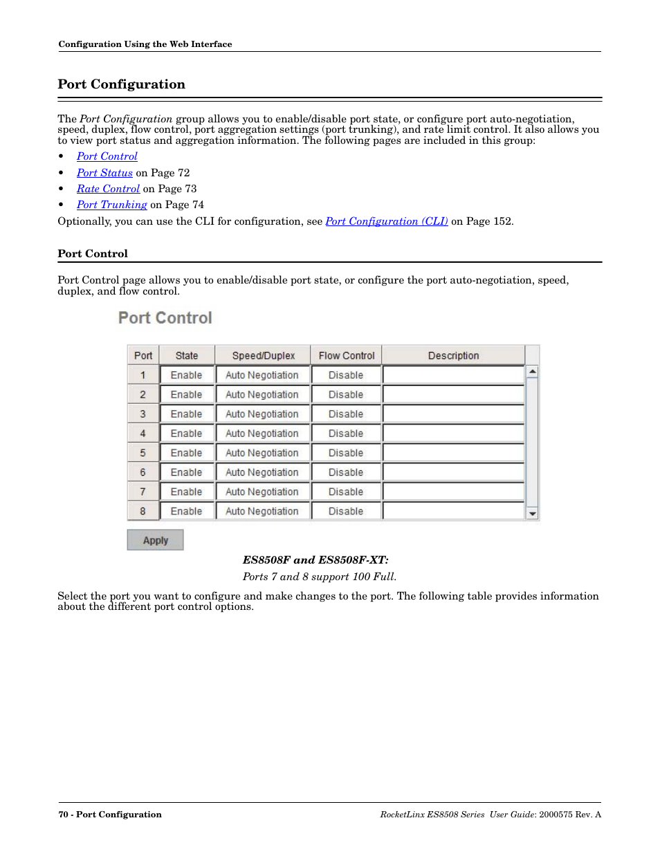 Port configuration, Port control | Comtrol ES8508 Series User Guide User Manual | Page 70 / 212