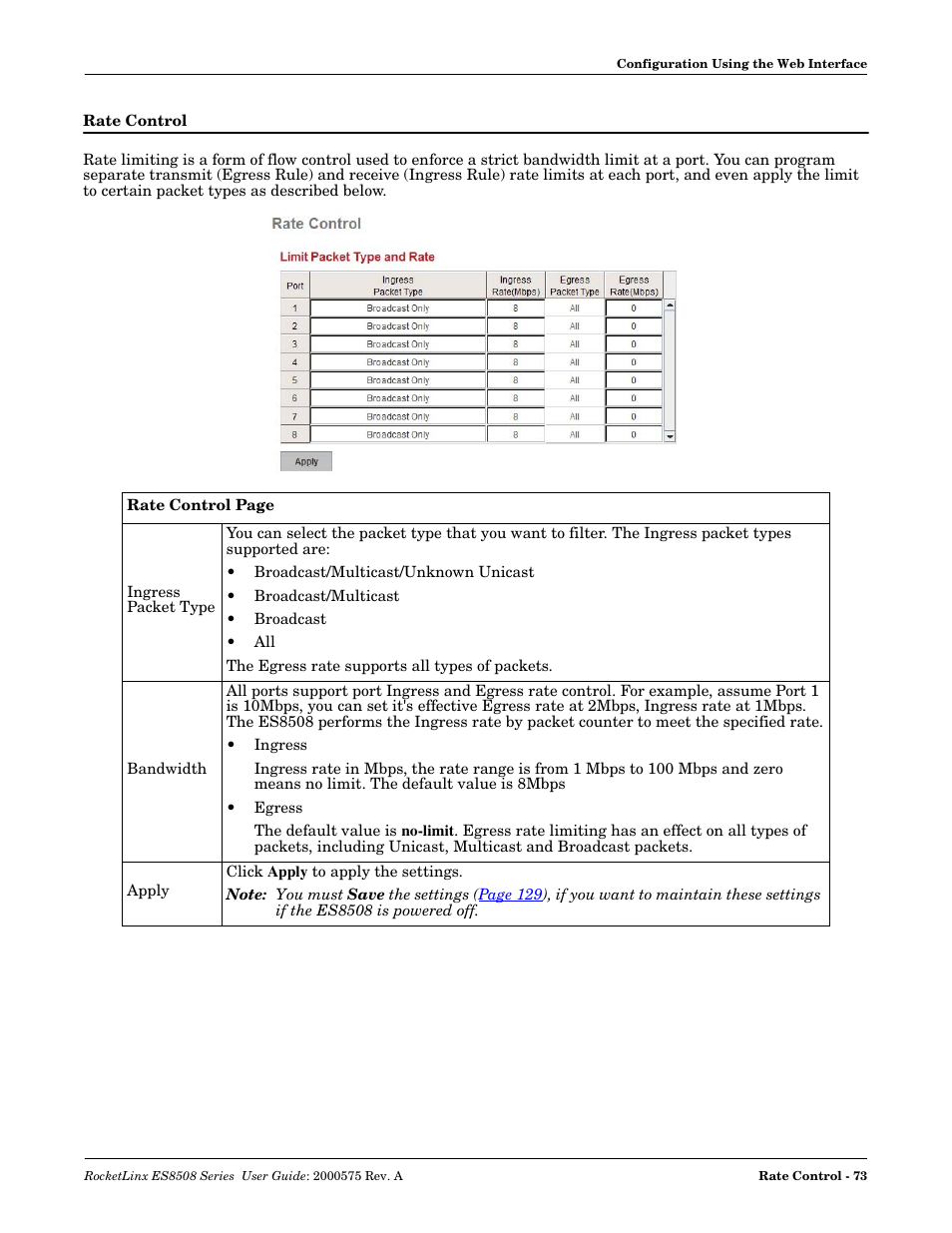 Rate control | Comtrol ES8508 Series User Guide User Manual | Page 73 / 212