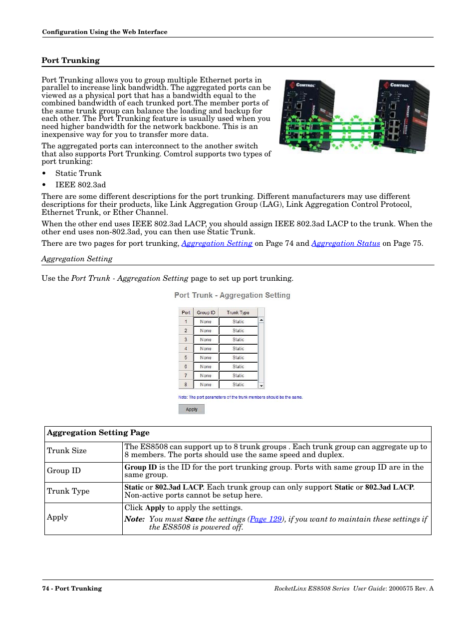 Port trunking, Aggregation setting | Comtrol ES8508 Series User Guide User Manual | Page 74 / 212