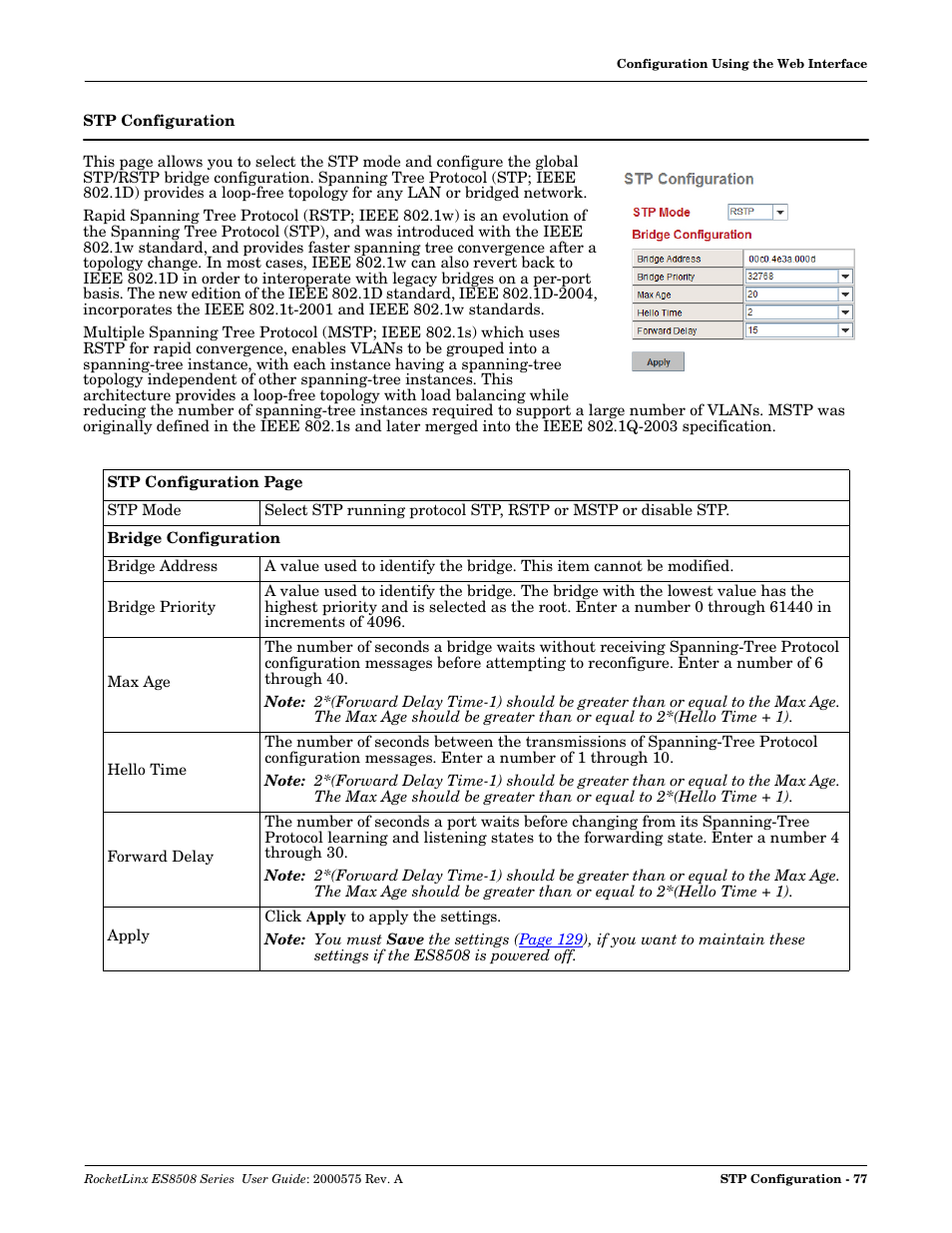 Stp configuration | Comtrol ES8508 Series User Guide User Manual | Page 77 / 212