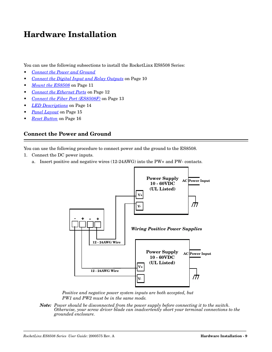Hardware installation, Connect the power and ground | Comtrol ES8508 Series User Guide User Manual | Page 9 / 212