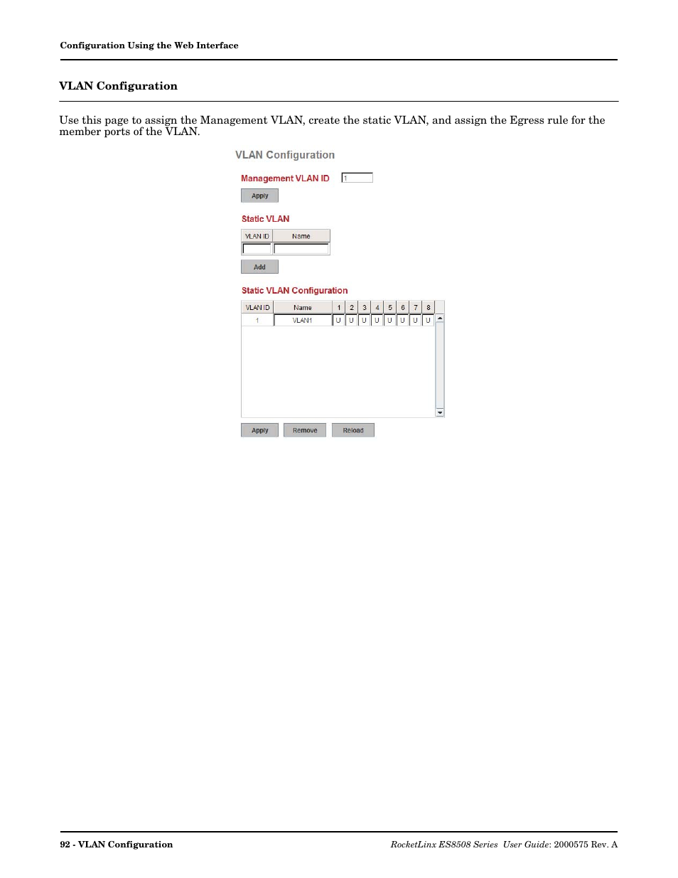 Vlan configuration | Comtrol ES8508 Series User Guide User Manual | Page 92 / 212