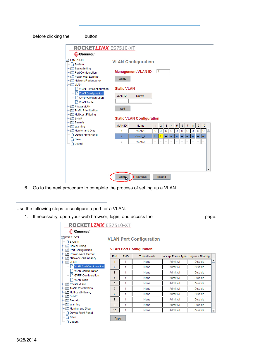 Configure a port for the vlan | Comtrol RocketLinx VLAN Web User Manual | Page 4 / 5