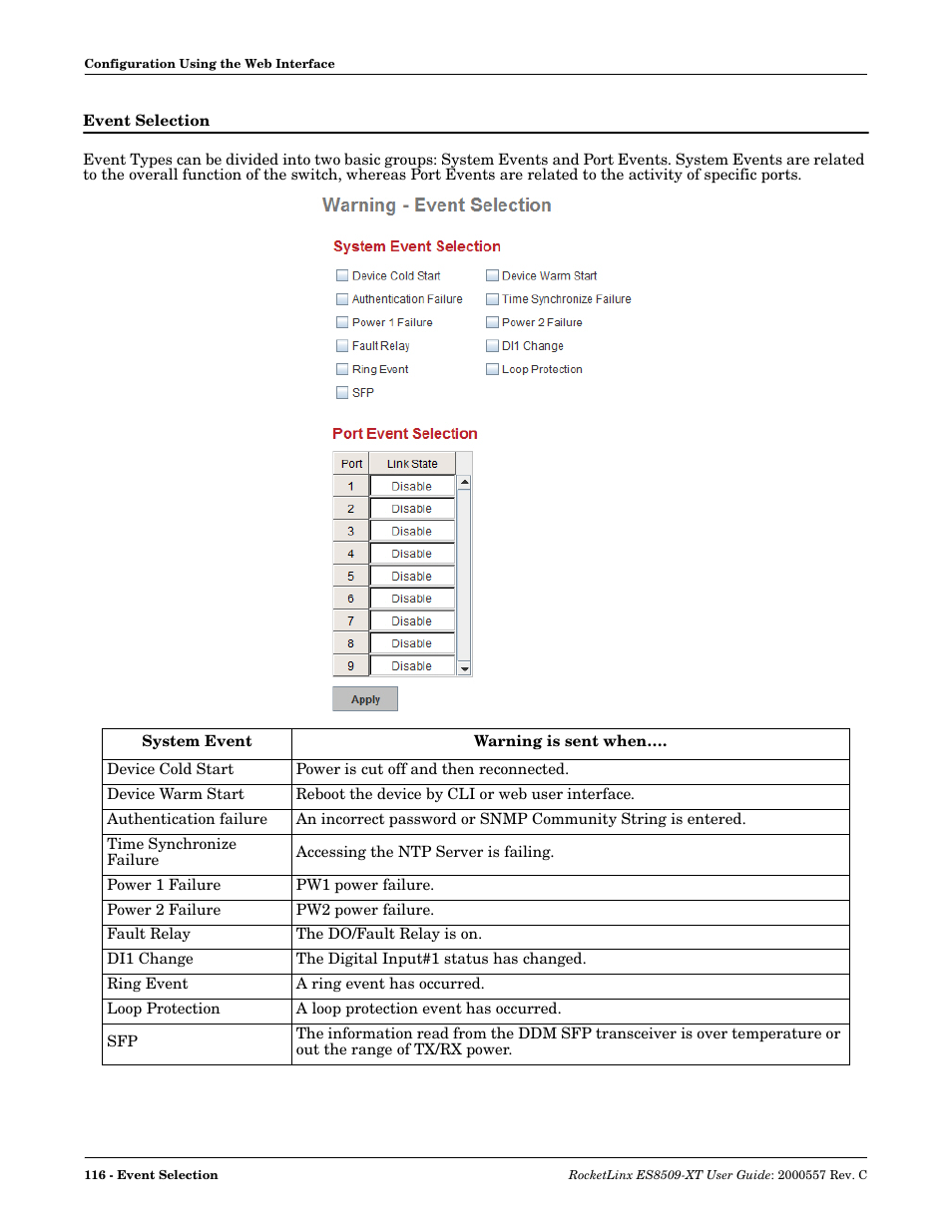 Event selection | Comtrol ES8509-XT User Manual | Page 116 / 210