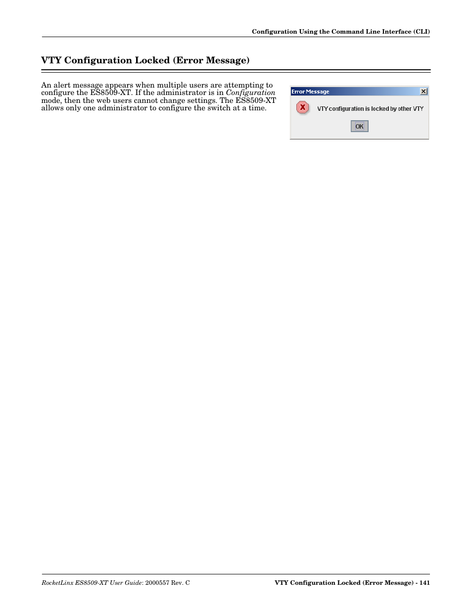 Vty configuration locked (error message) | Comtrol ES8509-XT User Manual | Page 141 / 210