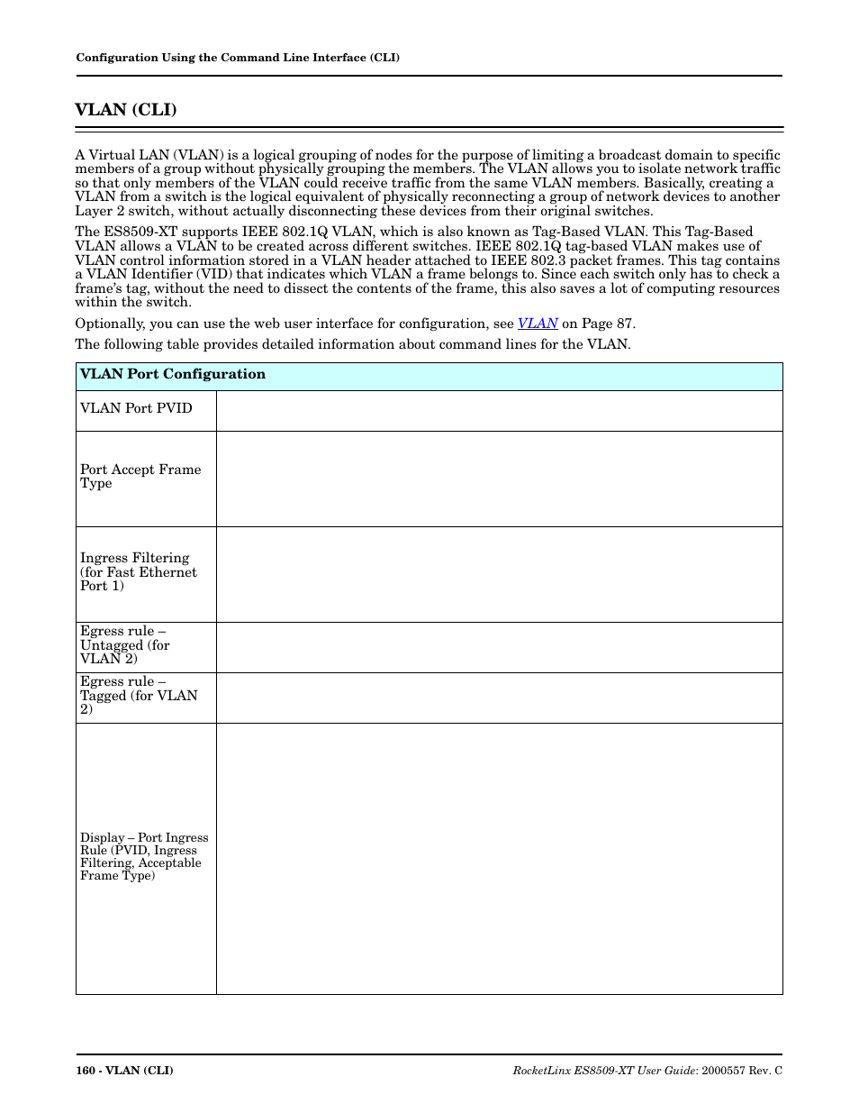 Vlan (cli) | Comtrol ES8509-XT User Manual | Page 160 / 210