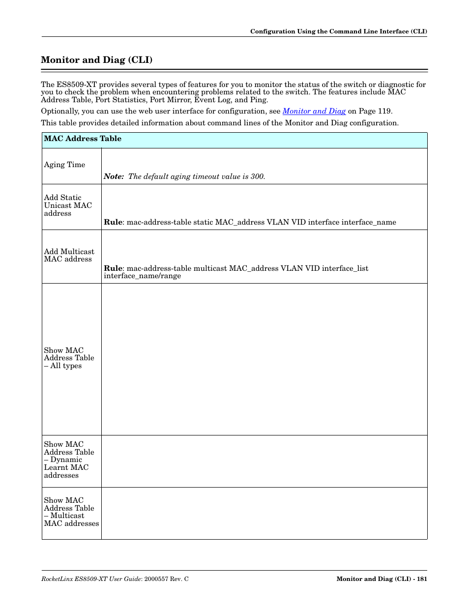 Monitor and diag (cli) | Comtrol ES8509-XT User Manual | Page 181 / 210