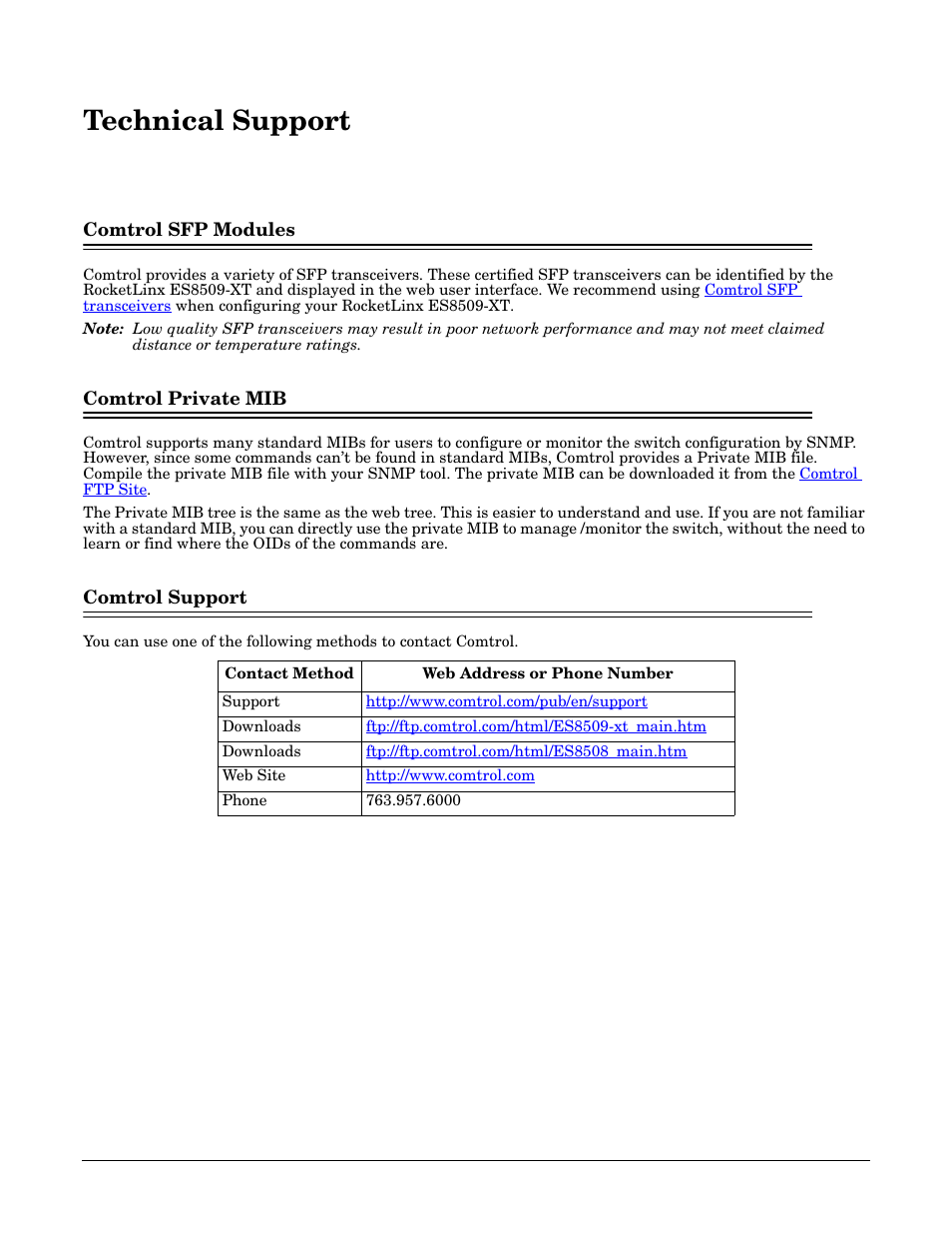 Technical support, Comtrol sfp modules, Comtrol private mib | Comtrol support | Comtrol ES8509-XT User Manual | Page 209 / 210