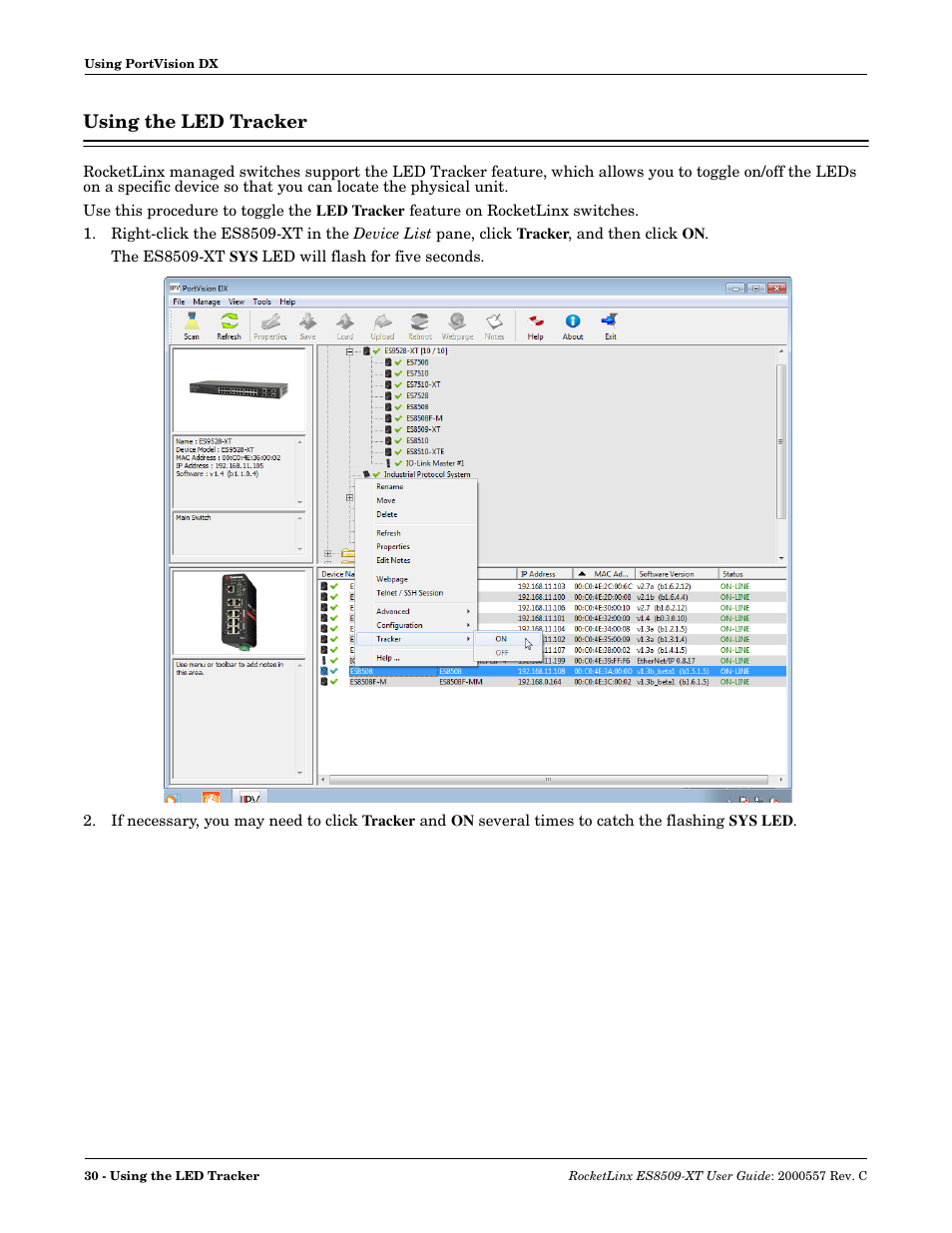 Using the led tracker | Comtrol ES8509-XT User Manual | Page 30 / 210