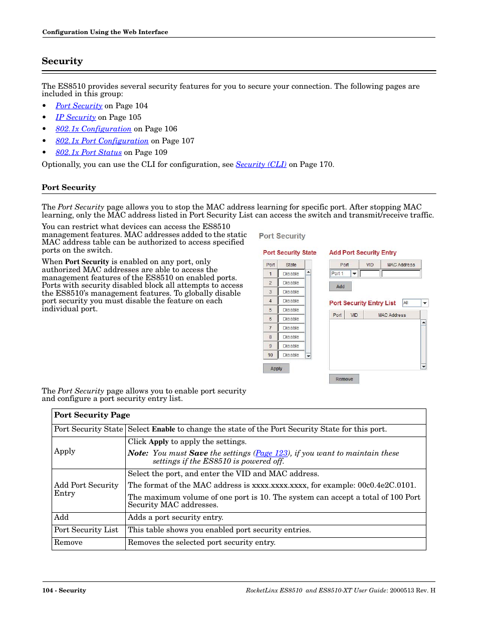 Security, Port security | Comtrol ES8510-XT User Manual | Page 104 / 204