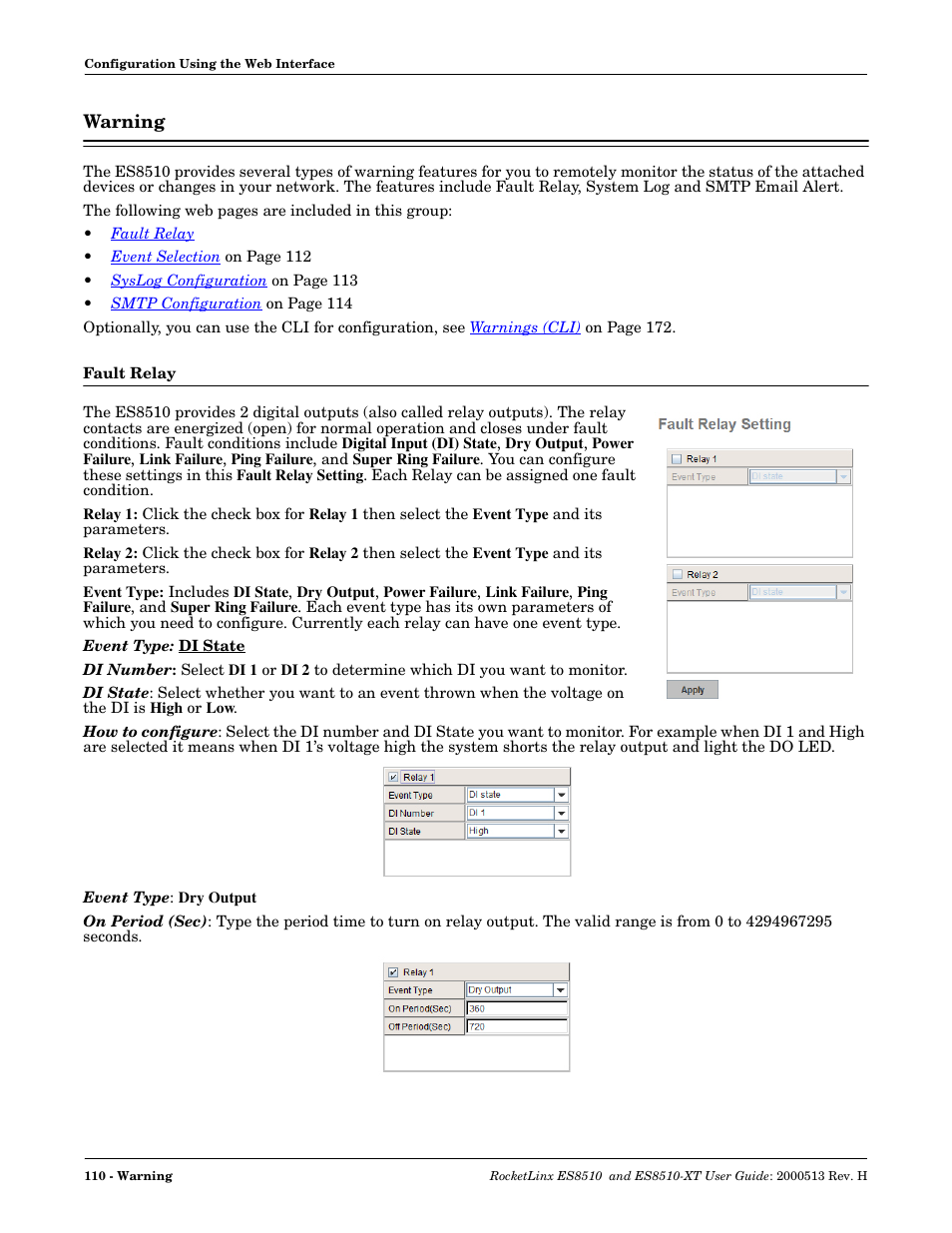 Warning, Fault relay, See the | Comtrol ES8510-XT User Manual | Page 110 / 204