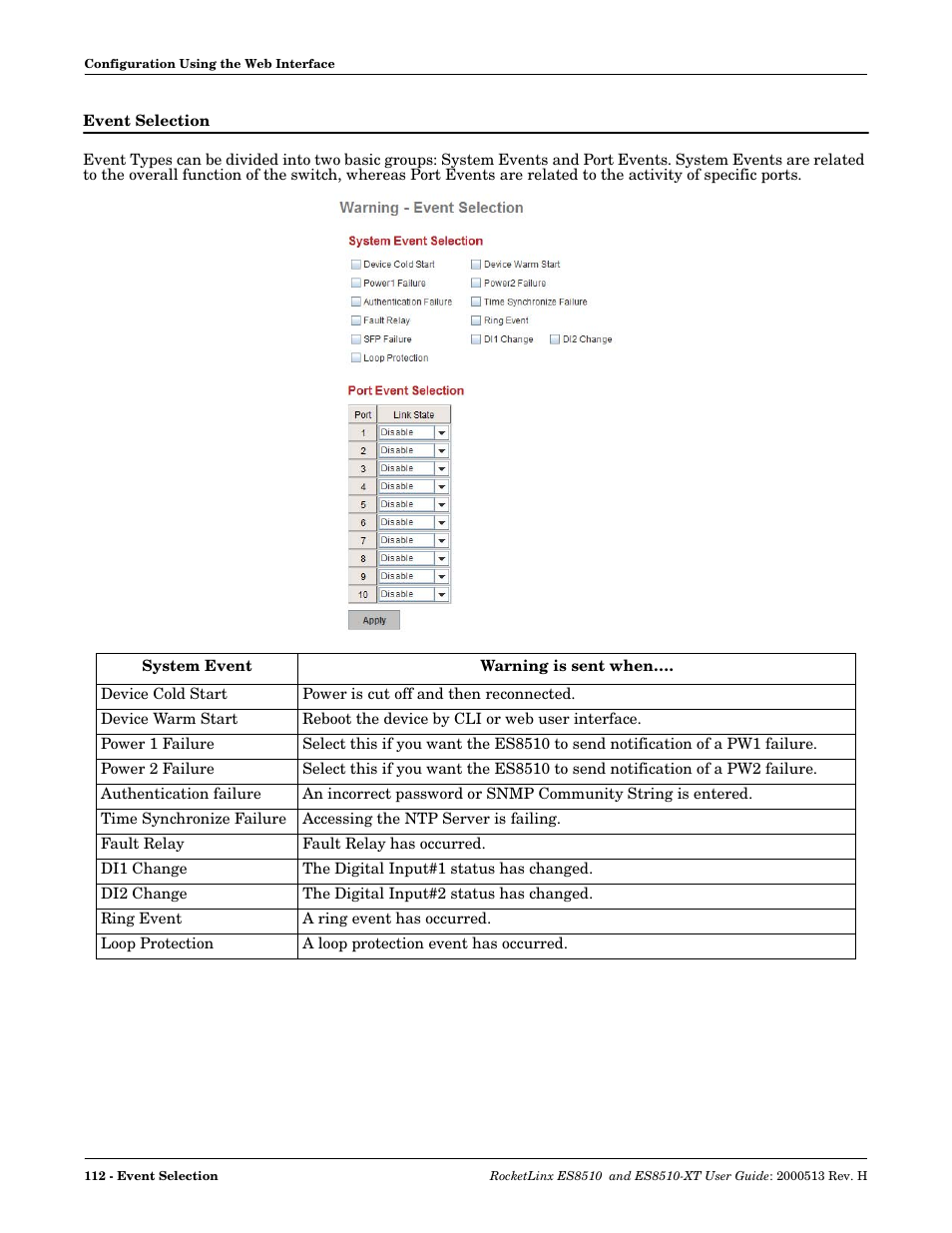Event selection | Comtrol ES8510-XT User Manual | Page 112 / 204