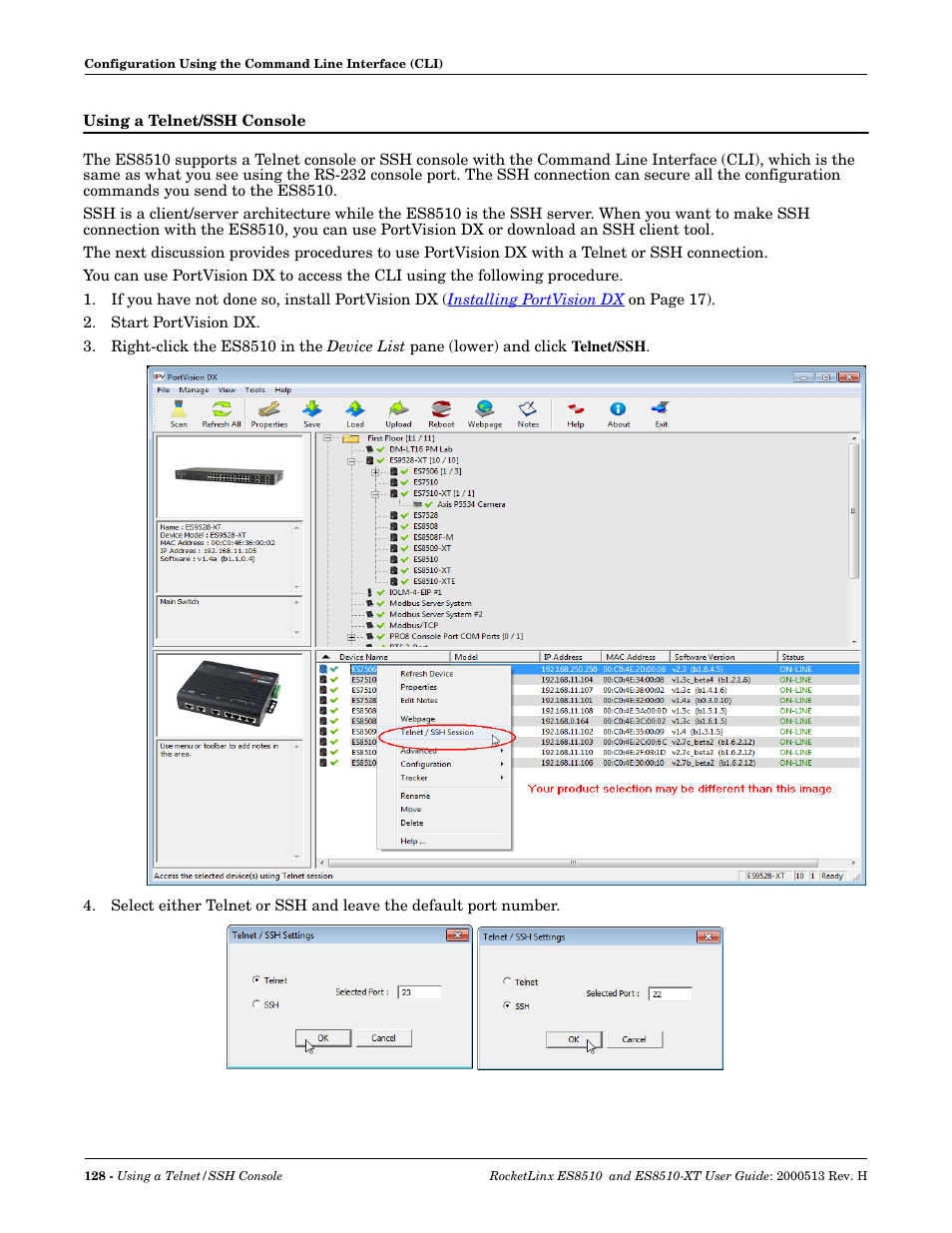 Using a telnet/ssh console | Comtrol ES8510-XT User Manual | Page 128 / 204