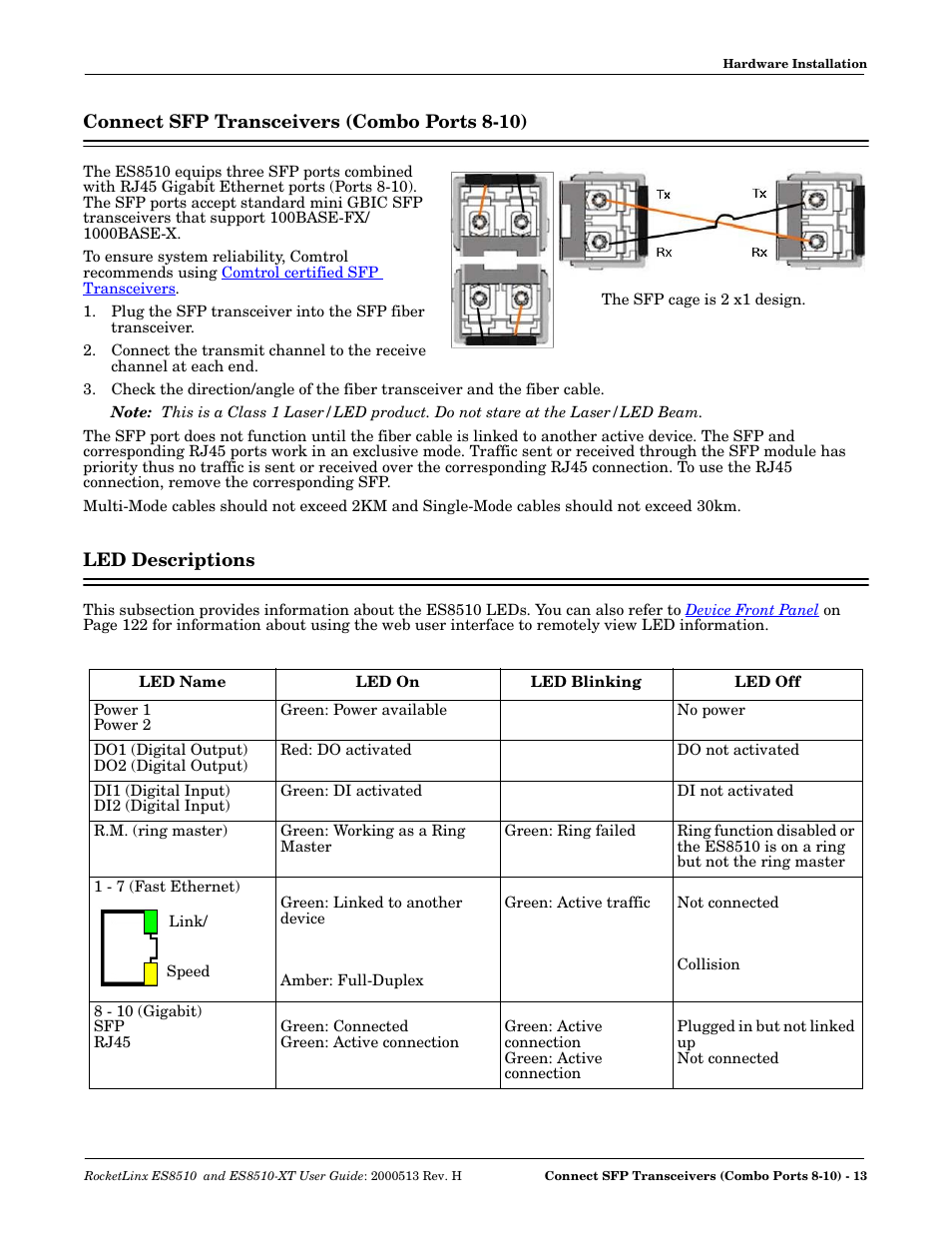 Connect sfp transceivers (combo ports 8-10), Led descriptions | Comtrol ES8510-XT User Manual | Page 13 / 204