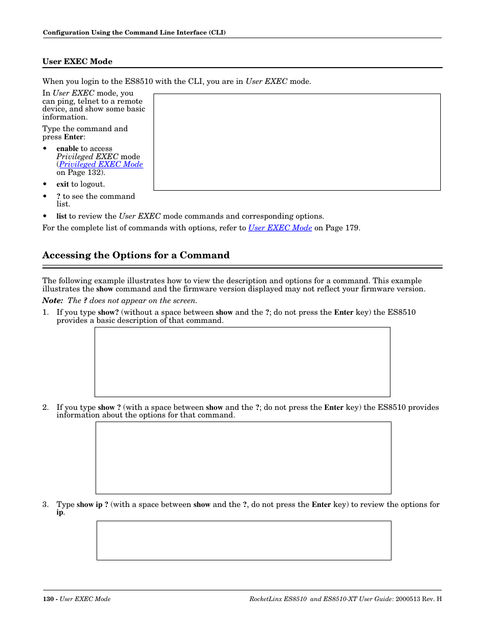 User exec mode, Accessing the options for a command | Comtrol ES8510-XT User Manual | Page 130 / 204