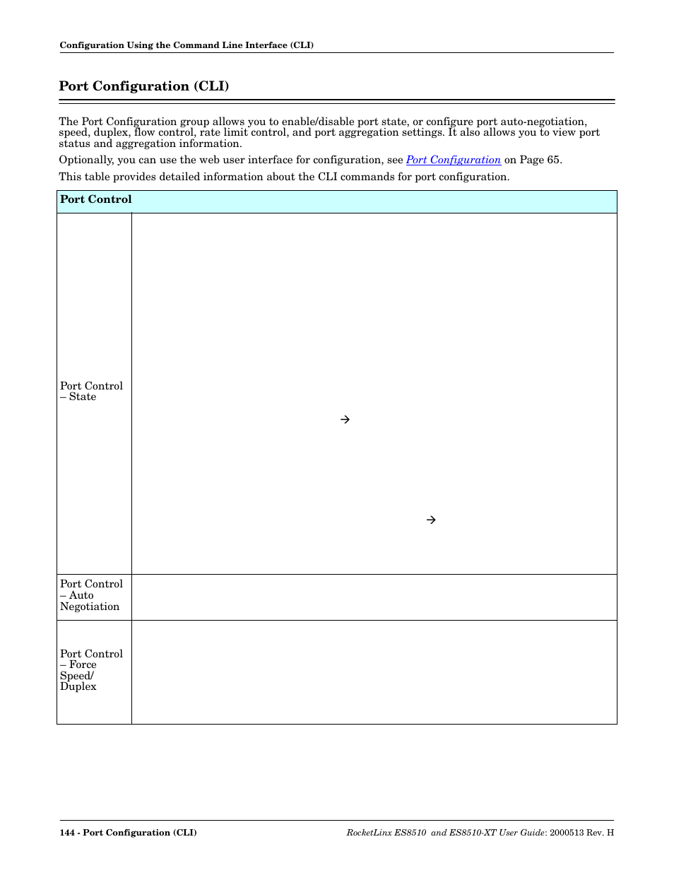 Port configuration (cli) | Comtrol ES8510-XT User Manual | Page 144 / 204