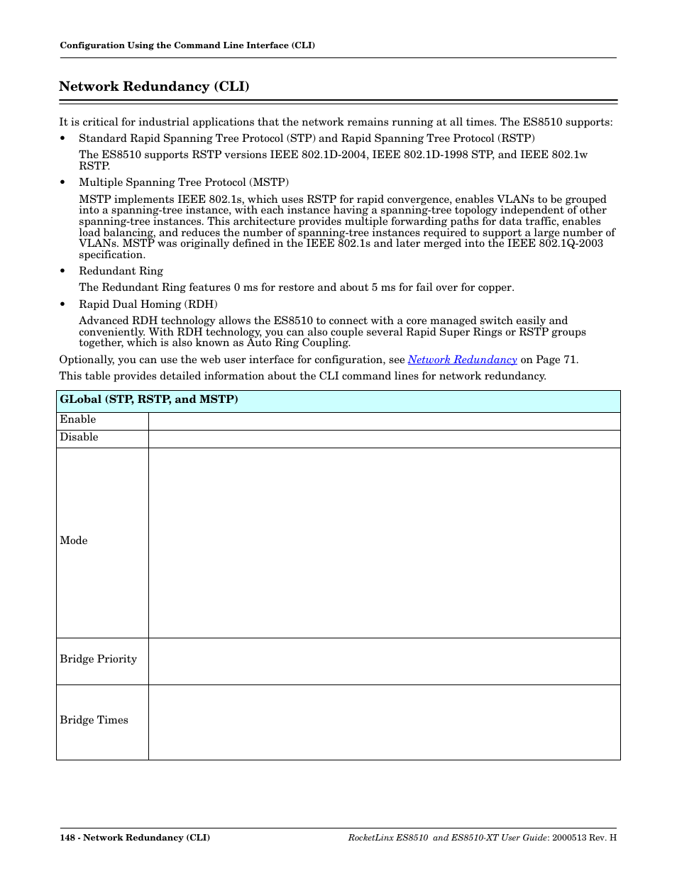 Network redundancy (cli) | Comtrol ES8510-XT User Manual | Page 148 / 204