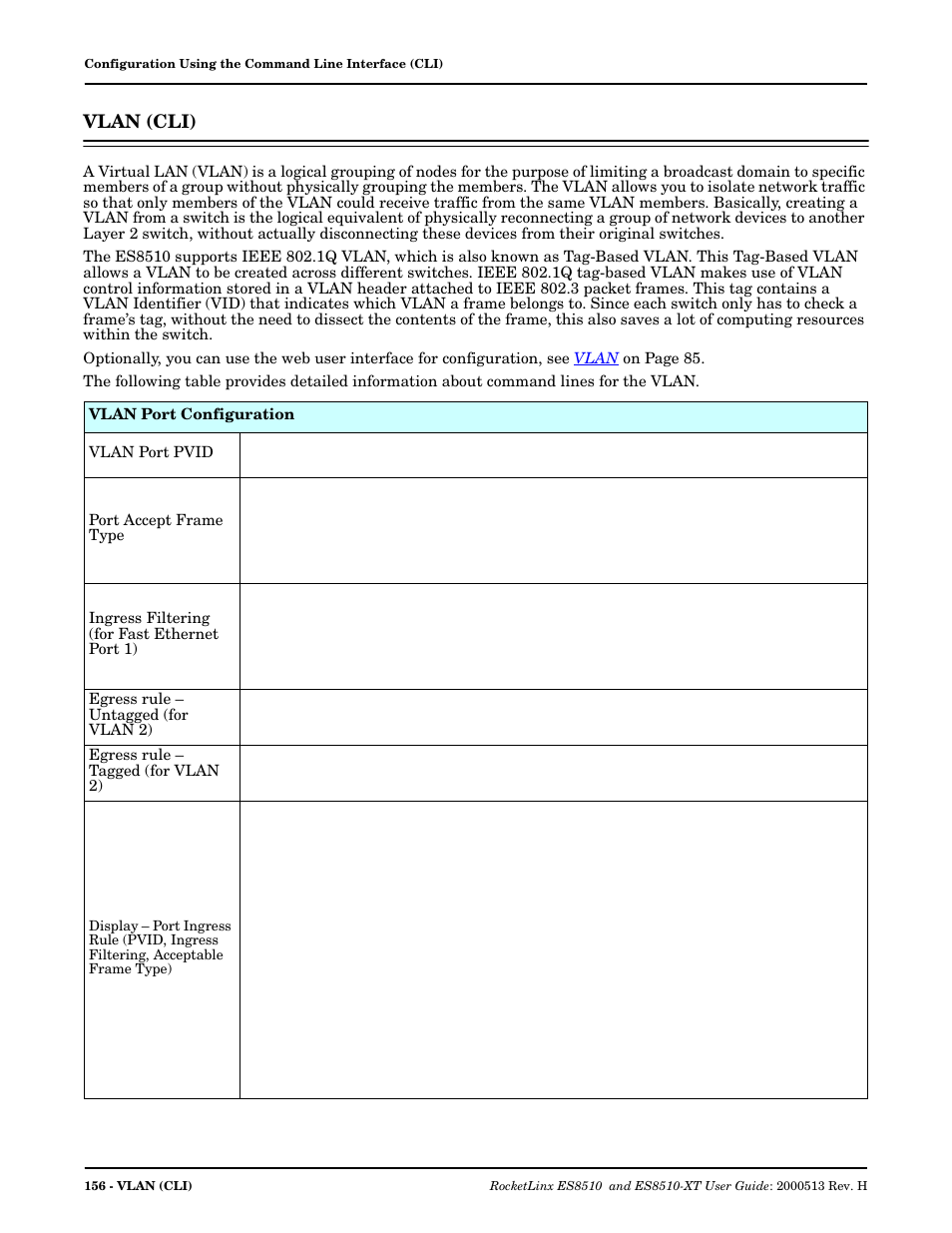 Vlan (cli) | Comtrol ES8510-XT User Manual | Page 156 / 204