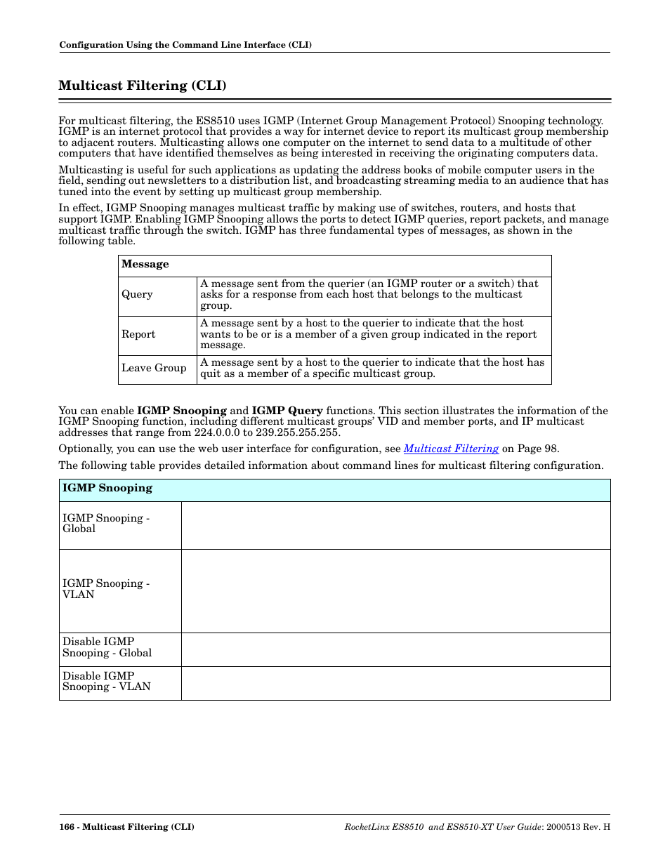 Multicast filtering (cli) | Comtrol ES8510-XT User Manual | Page 166 / 204