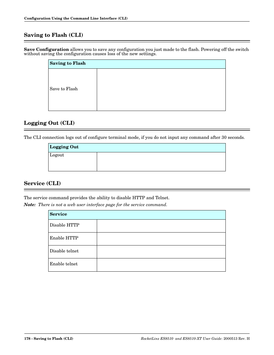 Saving to flash (cli), Logging out (cli), Service (cli) | Comtrol ES8510-XT User Manual | Page 178 / 204