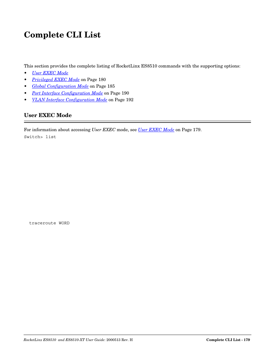 Complete cli list, User exec mode | Comtrol ES8510-XT User Manual | Page 179 / 204