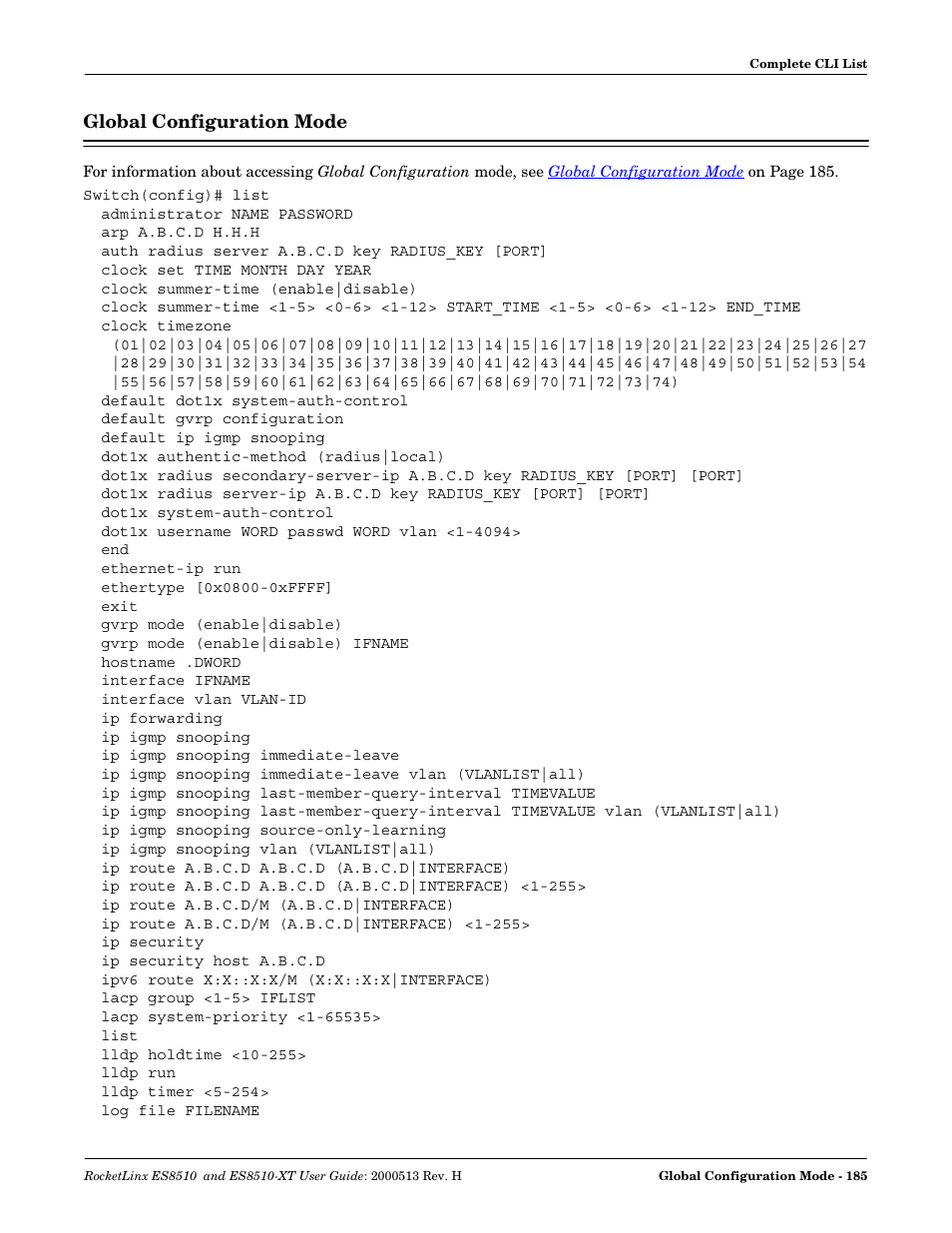 Global configuration mode | Comtrol ES8510-XT User Manual | Page 185 / 204