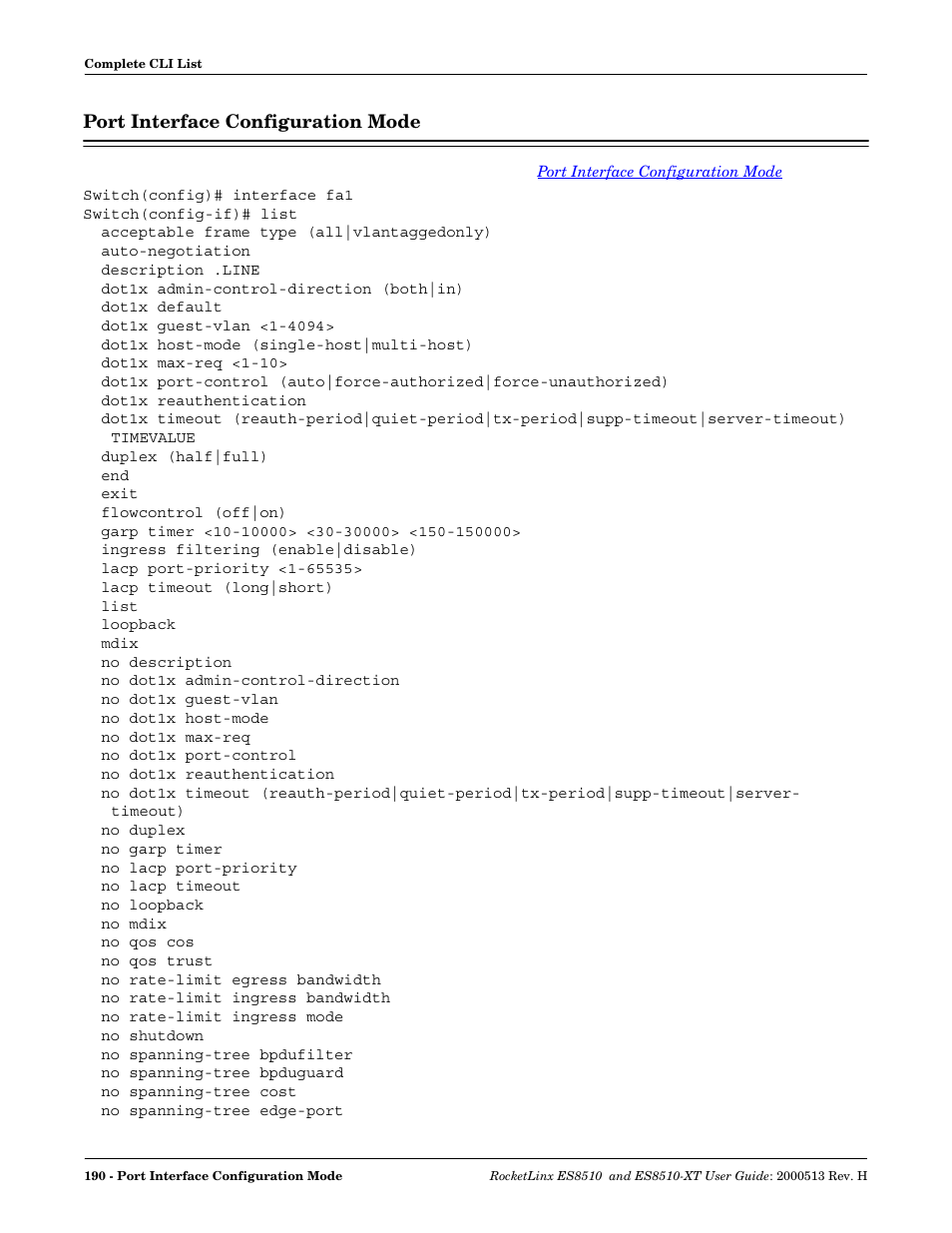 Port interface configuration mode | Comtrol ES8510-XT User Manual | Page 190 / 204