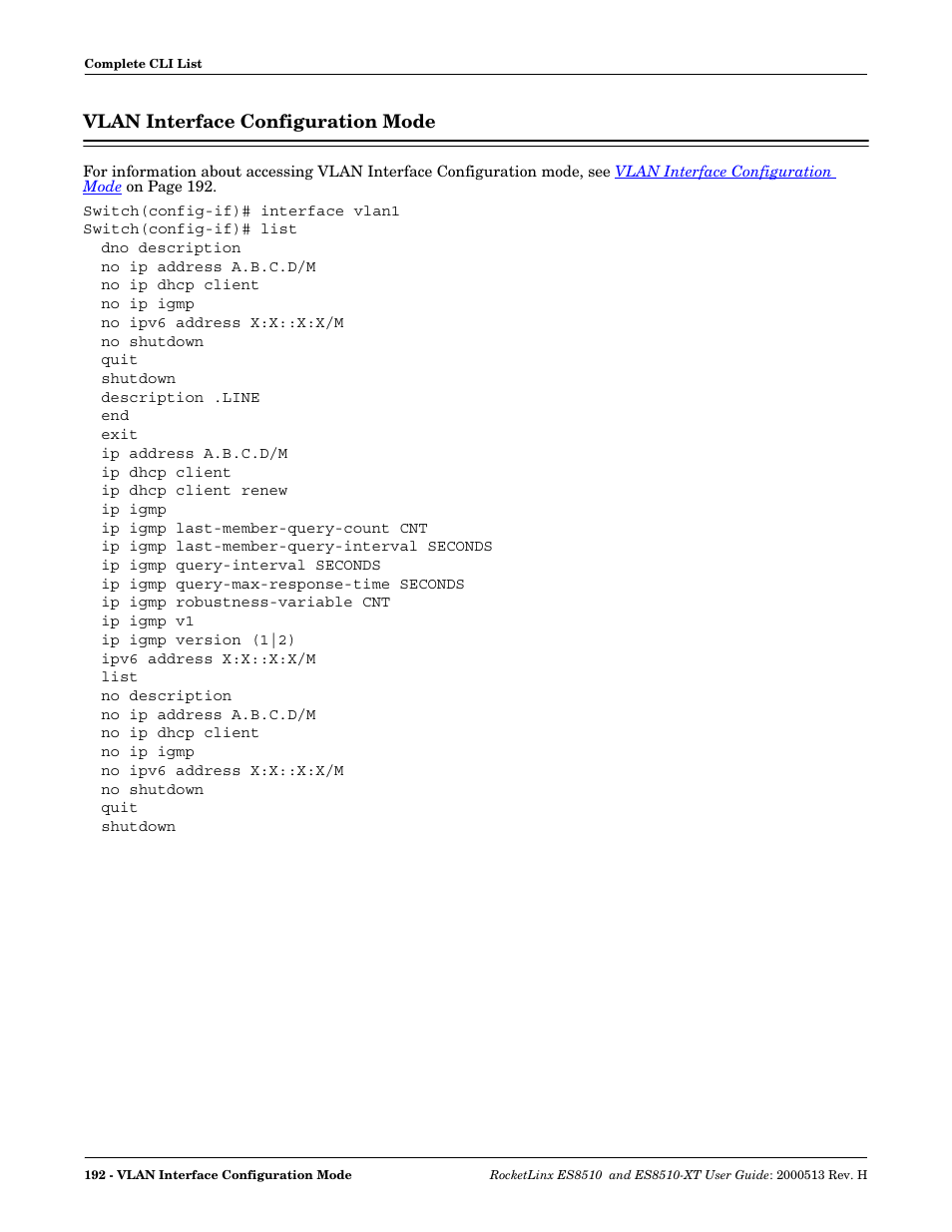 Vlan interface configuration mode, Refer to, Vlan interface | Configuration mode | Comtrol ES8510-XT User Manual | Page 192 / 204