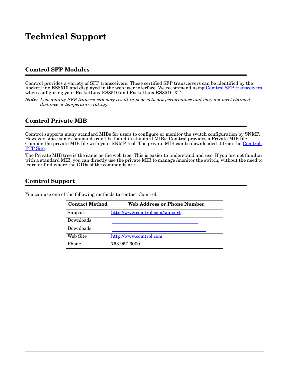 Technical support, Comtrol sfp modules, Comtrol private mib | Comtrol support | Comtrol ES8510-XT User Manual | Page 203 / 204