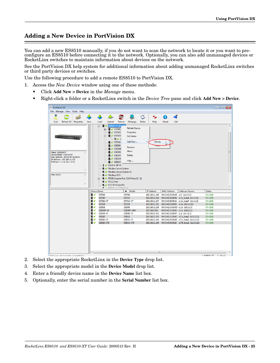 Adding a new device in portvision dx | Comtrol ES8510-XT User Manual | Page 25 / 204