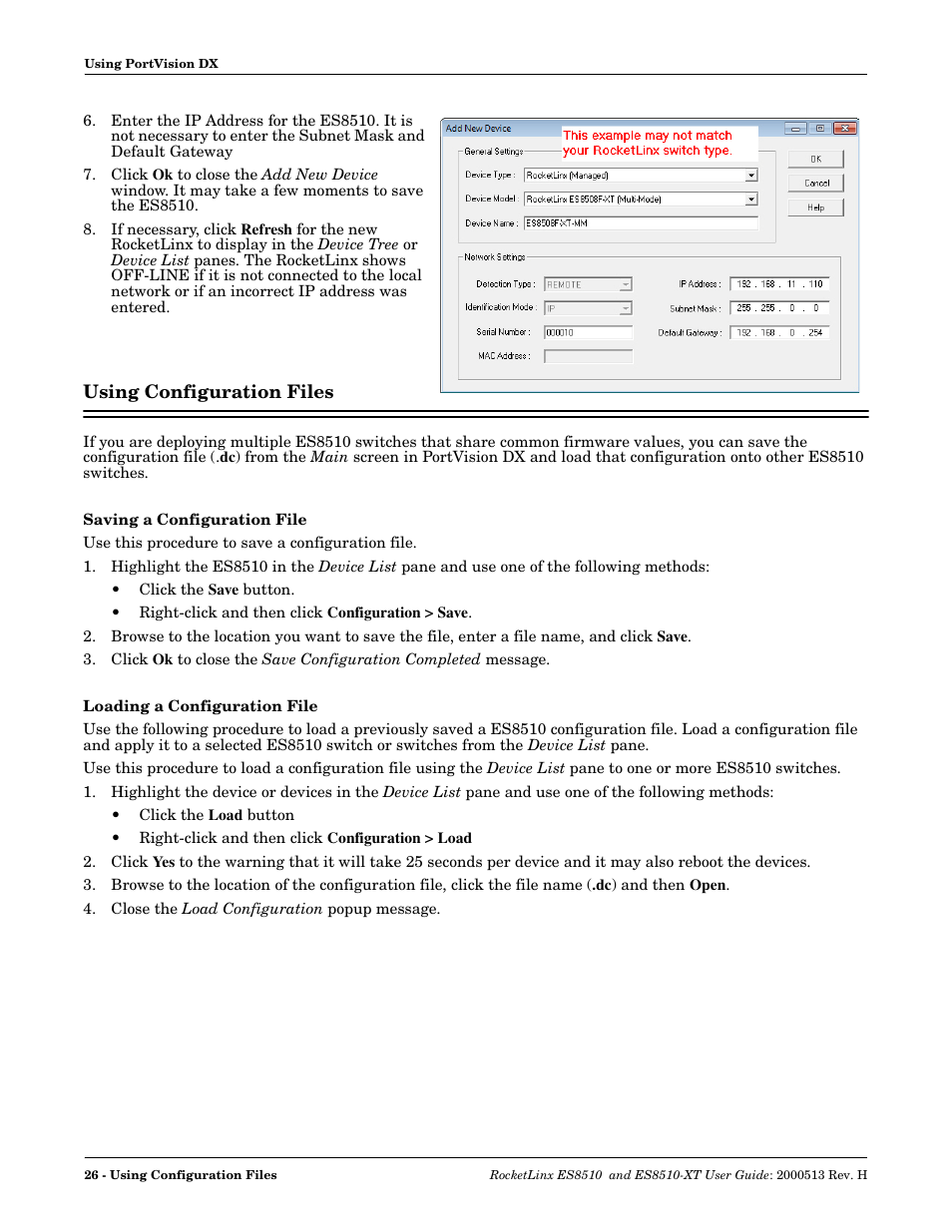 Using configuration files, Saving a configuration file, Loading a configuration file | Using configuration, Files | Comtrol ES8510-XT User Manual | Page 26 / 204