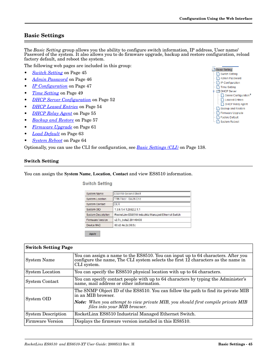 Basic settings, Switch setting | Comtrol ES8510-XT User Manual | Page 45 / 204