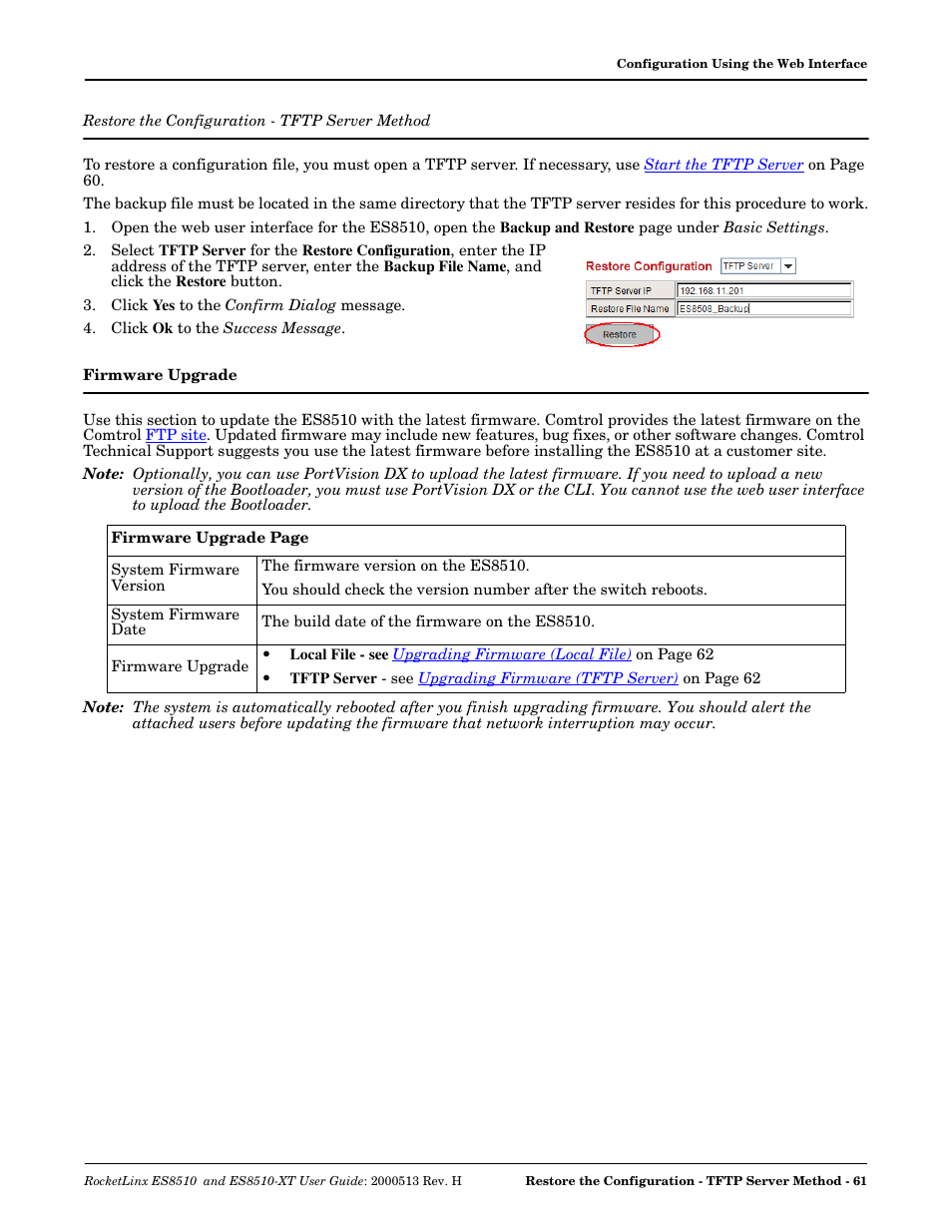 Restore the configuration - tftp server method, Firmware upgrade, Restore the configuration | Tftp server method | Comtrol ES8510-XT User Manual | Page 61 / 204