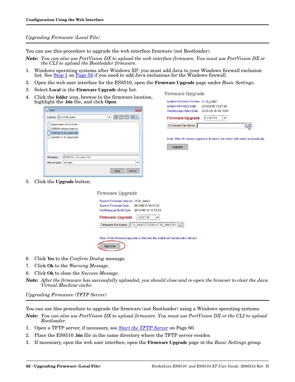Upgrading firmware (local file), Upgrading firmware (tftp server), Cal file - see | Comtrol ES8510-XT User Manual | Page 62 / 204