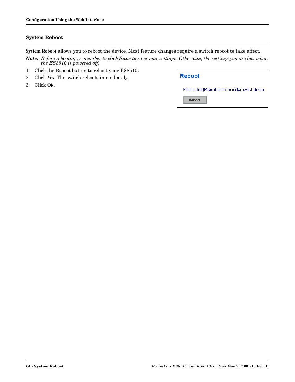 System reboot | Comtrol ES8510-XT User Manual | Page 64 / 204