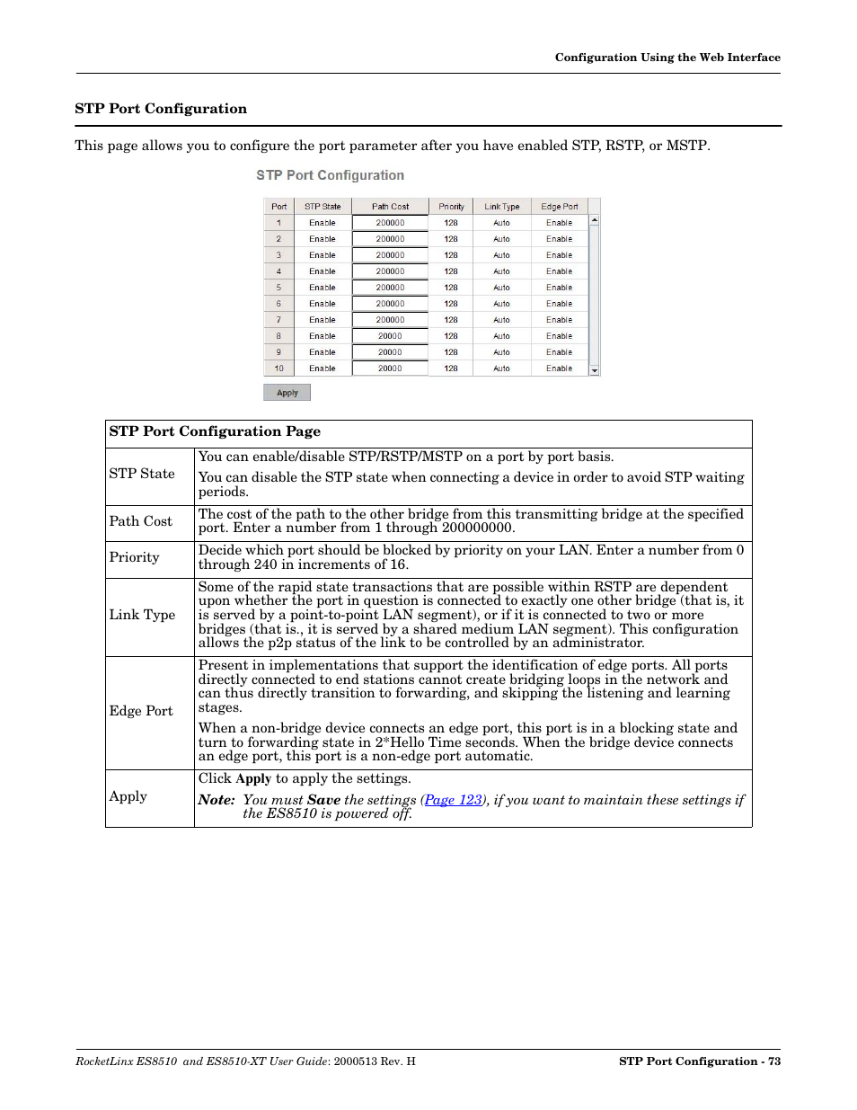 Stp port configuration | Comtrol ES8510-XT User Manual | Page 73 / 204