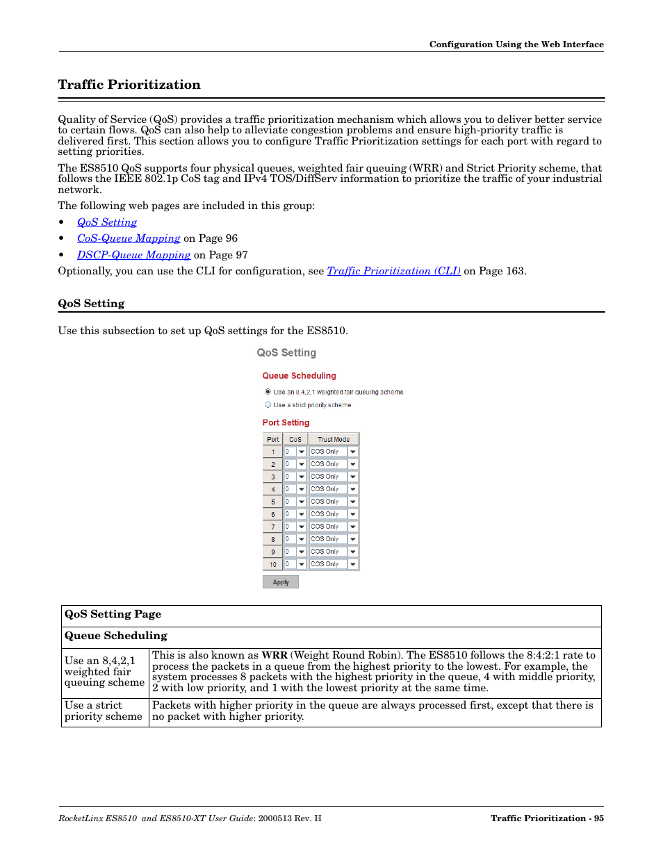 Traffic prioritization, Qos setting | Comtrol ES8510-XT User Manual | Page 95 / 204