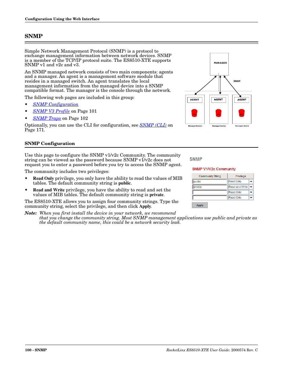 Snmp, Snmp configuration | Comtrol ES8510-XTE User Manual | Page 100 / 206