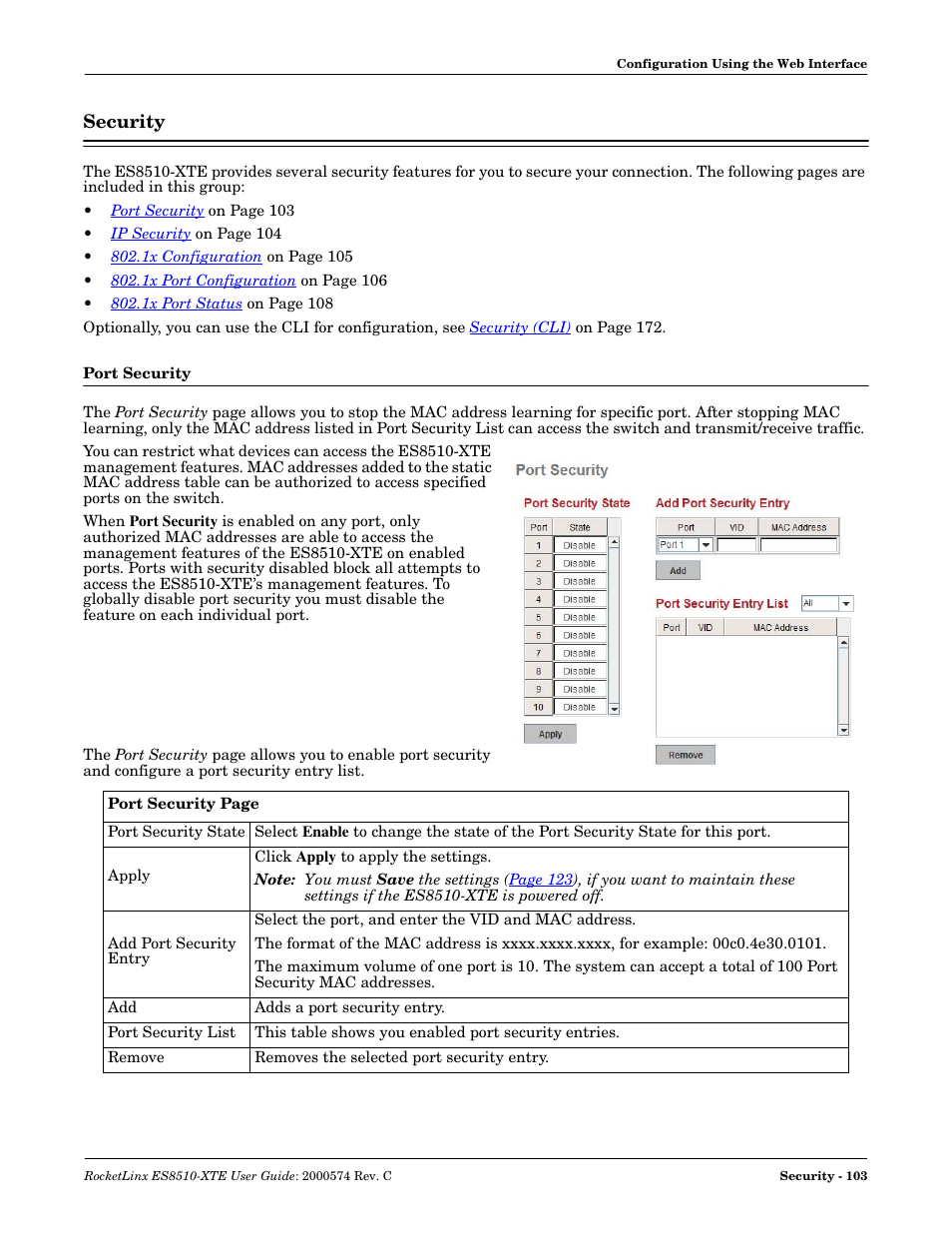 Security, Port security | Comtrol ES8510-XTE User Manual | Page 103 / 206