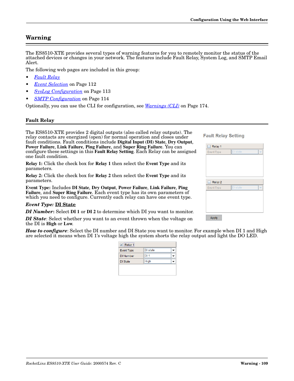 Warning, Fault relay | Comtrol ES8510-XTE User Manual | Page 109 / 206