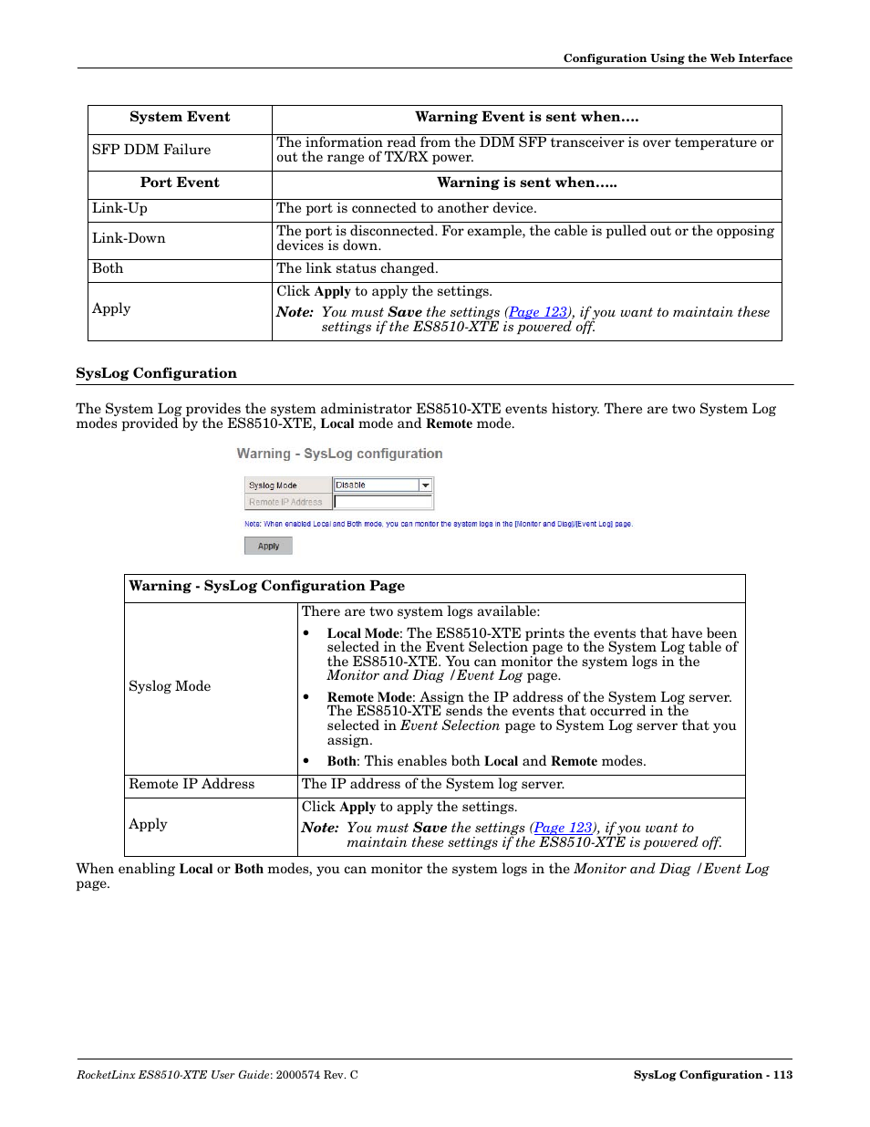 Syslog configuration | Comtrol ES8510-XTE User Manual | Page 113 / 206