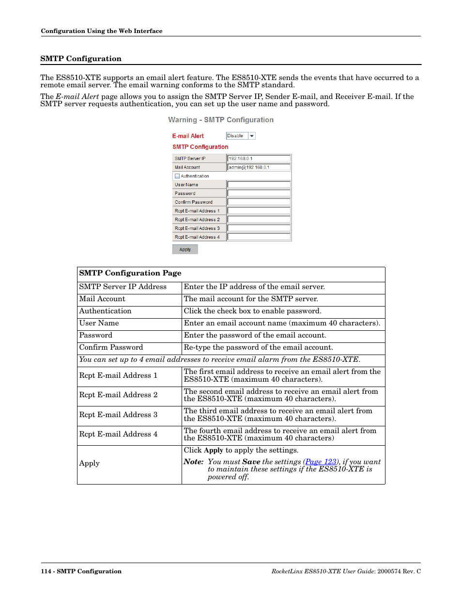 Smtp configuration | Comtrol ES8510-XTE User Manual | Page 114 / 206