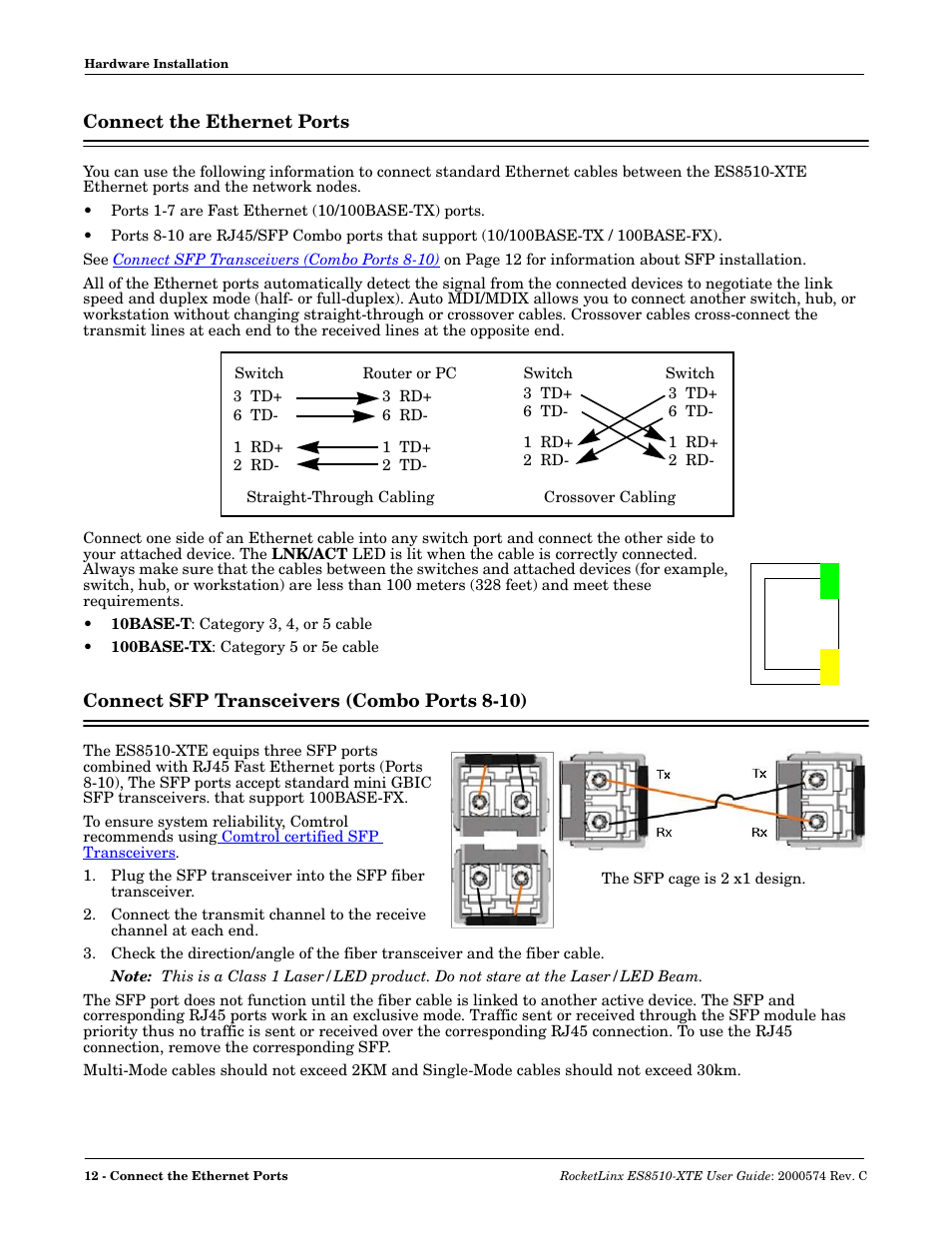 Connect the ethernet ports, Connect sfp transceivers (combo ports 8-10) | Comtrol ES8510-XTE User Manual | Page 12 / 206